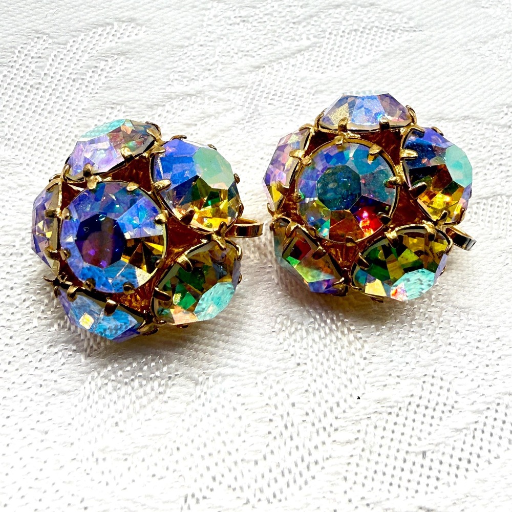 Vintage Retro 0.75" Big AB Crystal Cluster MCM Gold Tone 50s Clip-On Earrings‎